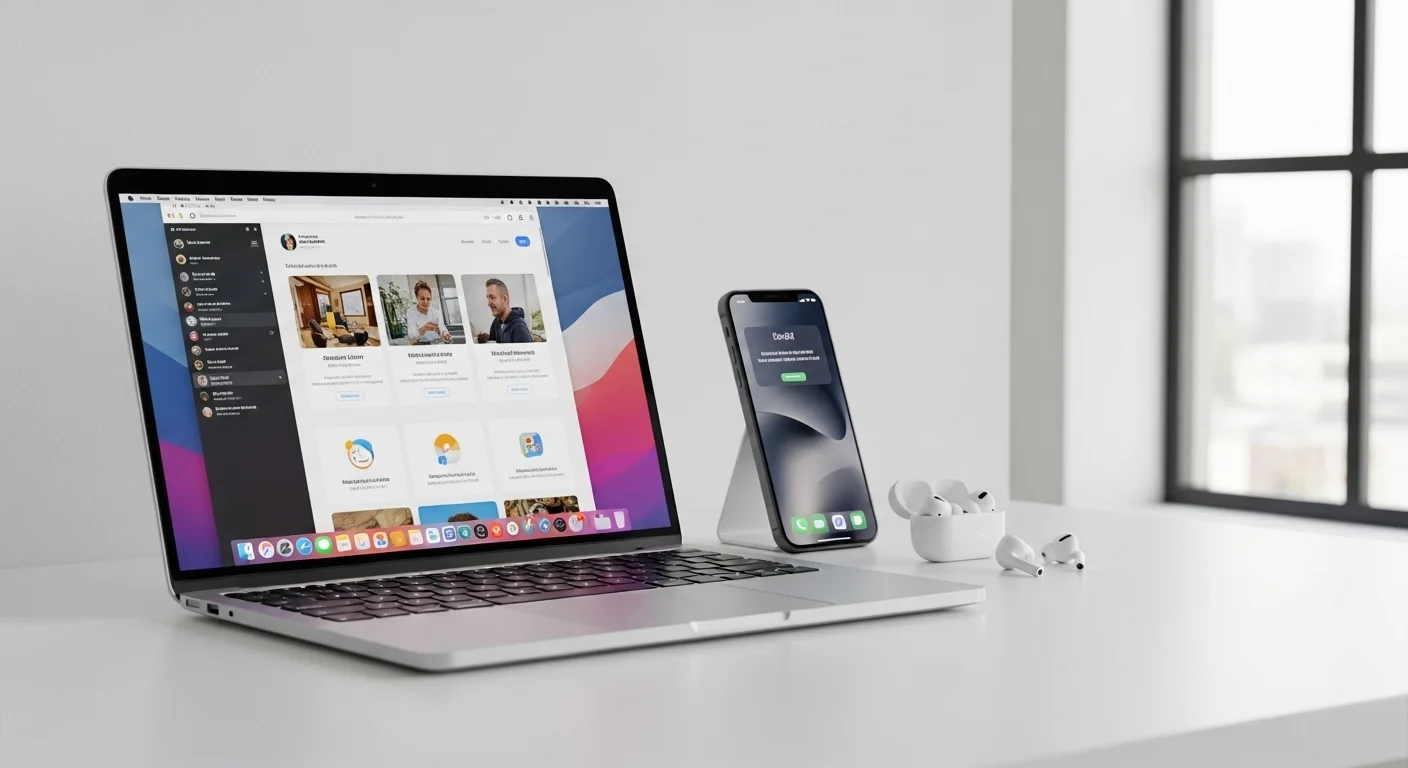 Un ecosistema de productos Apple, con un Macbook Air M1, un iPhone y unos AirPods sobre una mesa, mostrando la conectividad entre dispositivos de computadoras y tecnología.