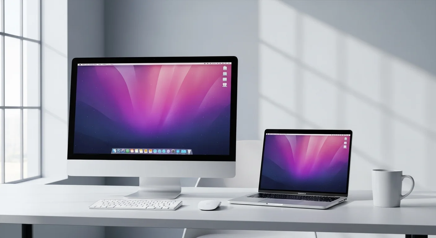 Un setup completo de computadoras Apple con un iMac, MacBook y el Magic Mouse 2 Apple en un entorno de oficina limpio