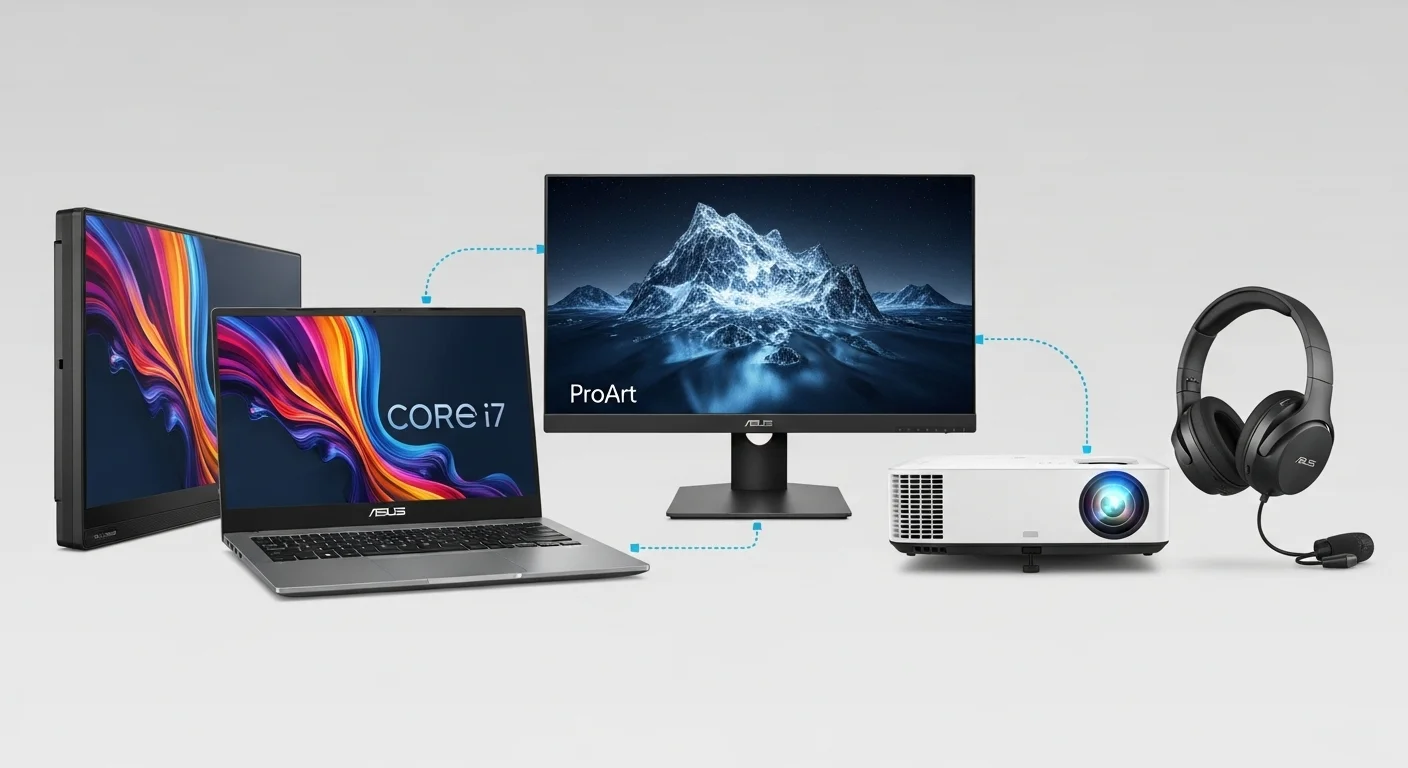 Un ecosistema de productos de tecnología Asus, incluyendo una laptop asus core i7, un monitor ProArt, un proyector y unos auriculares, mostrando la conectividad entre dispositivos.