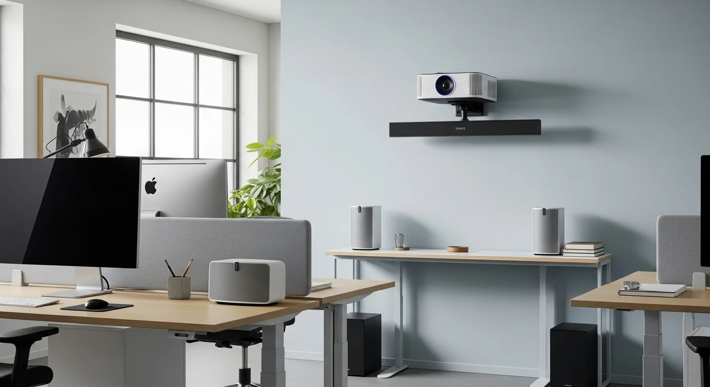 Una oficina diáfana con varias bocinas Sonos distribuidas, incluyendo una barra de sonido bajo un proyector y una bocina Sonos One en un escritorio, demostrando un sistema de audio multi-habitación.