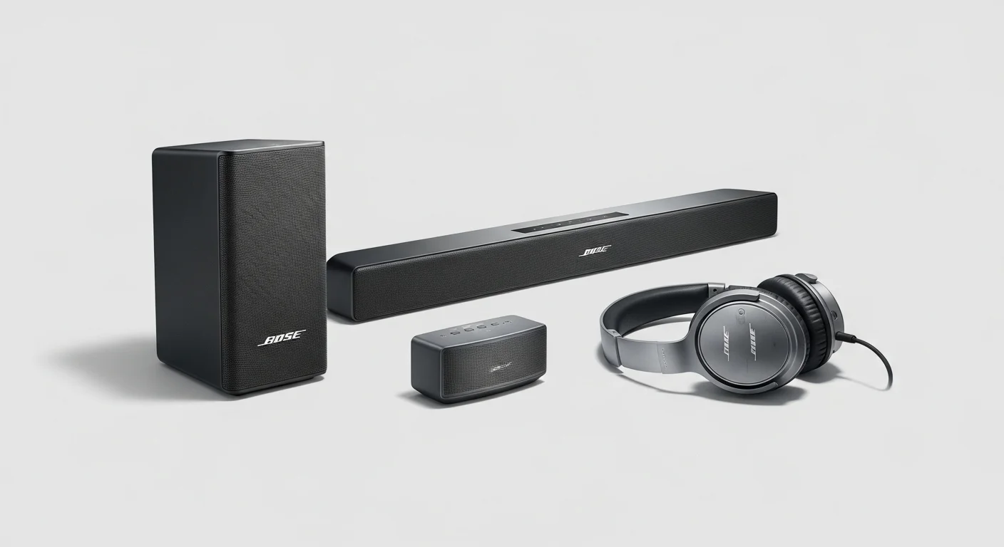 Una composición de productos Bose que incluye una barra de sonido, un altavoz portátil y unos auriculares, mostrando la versatilidad del ecosistema Bose para computadoras, hogar y movilidad.