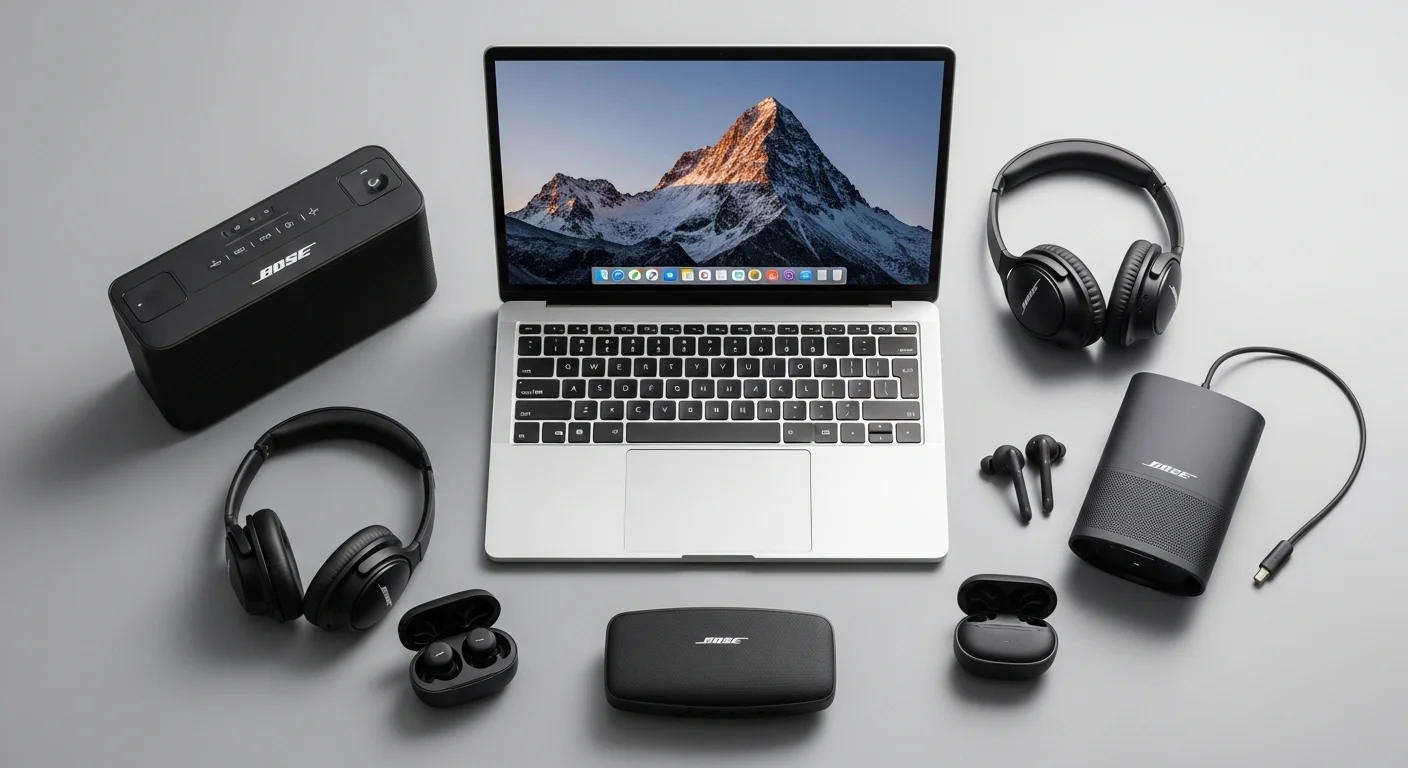 Varios productos Bose, incluyendo auriculares y parlantes portátiles, dispuestos alrededor de una computadora, ilustrando el concepto de Bose Precio y ecosistema.
