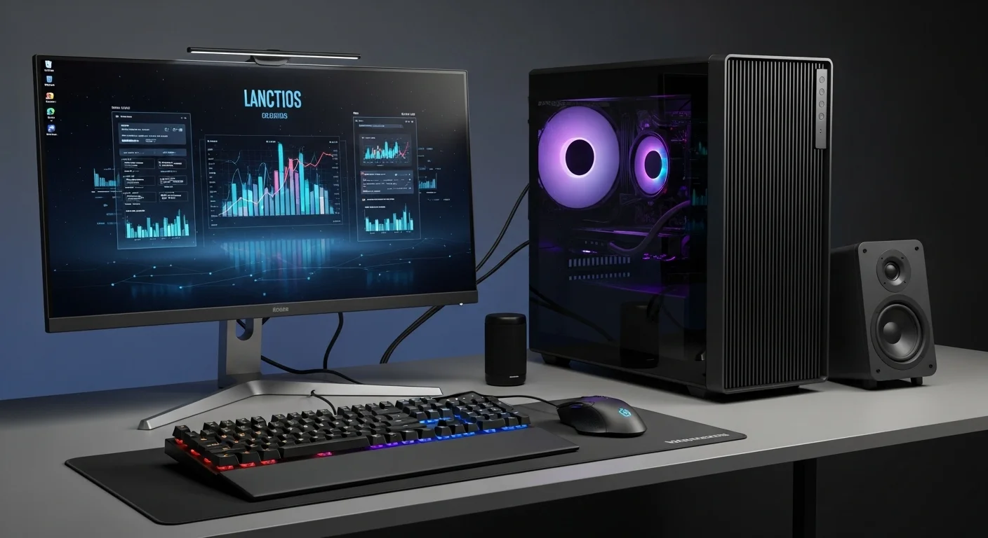 Un completo set de trabajo con una computadora desktop, un monitor de alta resolución, teclado mecánico, ratón ergonómico y altavoces, demostrando un ecosistema tecnológico integrado.