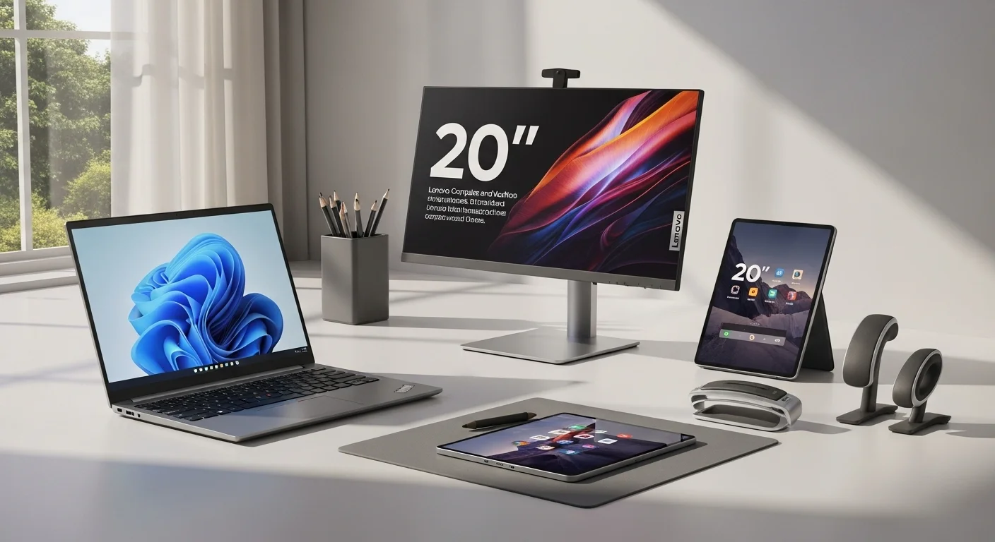 Un ecosistema de productos tecnológicos Lenovo, incluyendo una laptop ThinkPad, un monitor Lenovo 20, una tablet y accesorios ergonómicos.