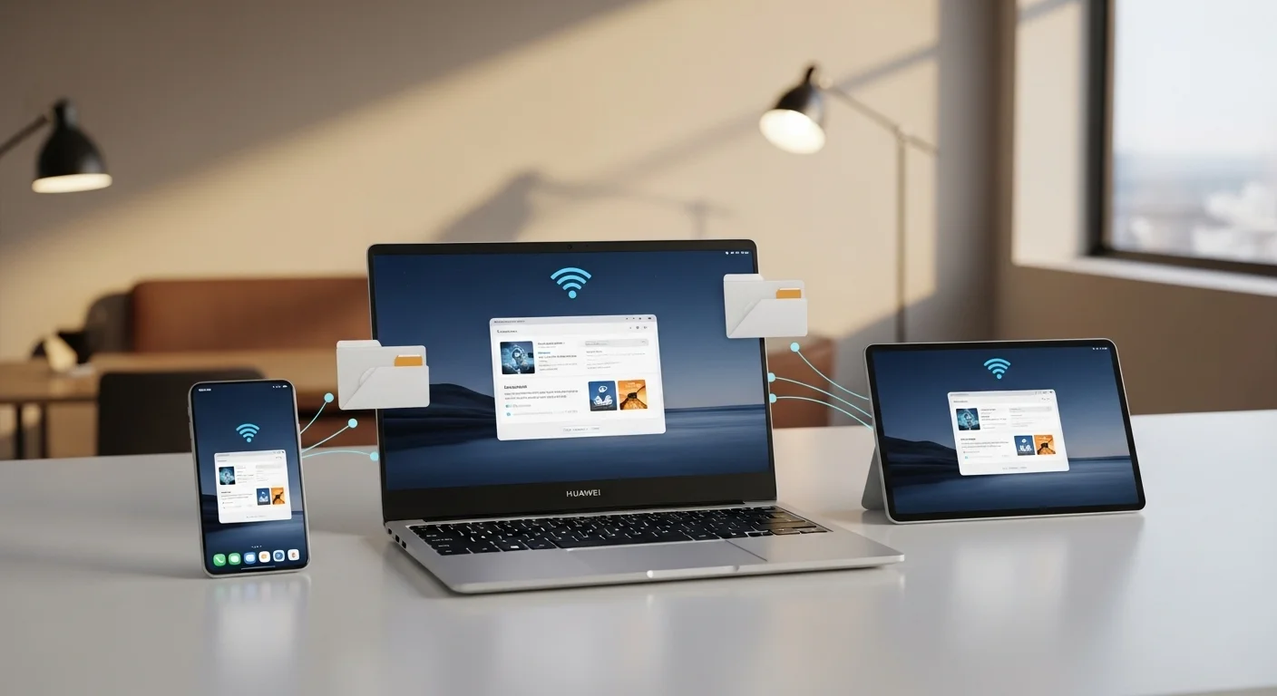 Ecosistema de dispositivos Huawei conectados, con un portatil Huawei, un smartphone y una tablet compartiendo archivos de forma inalámbrica.