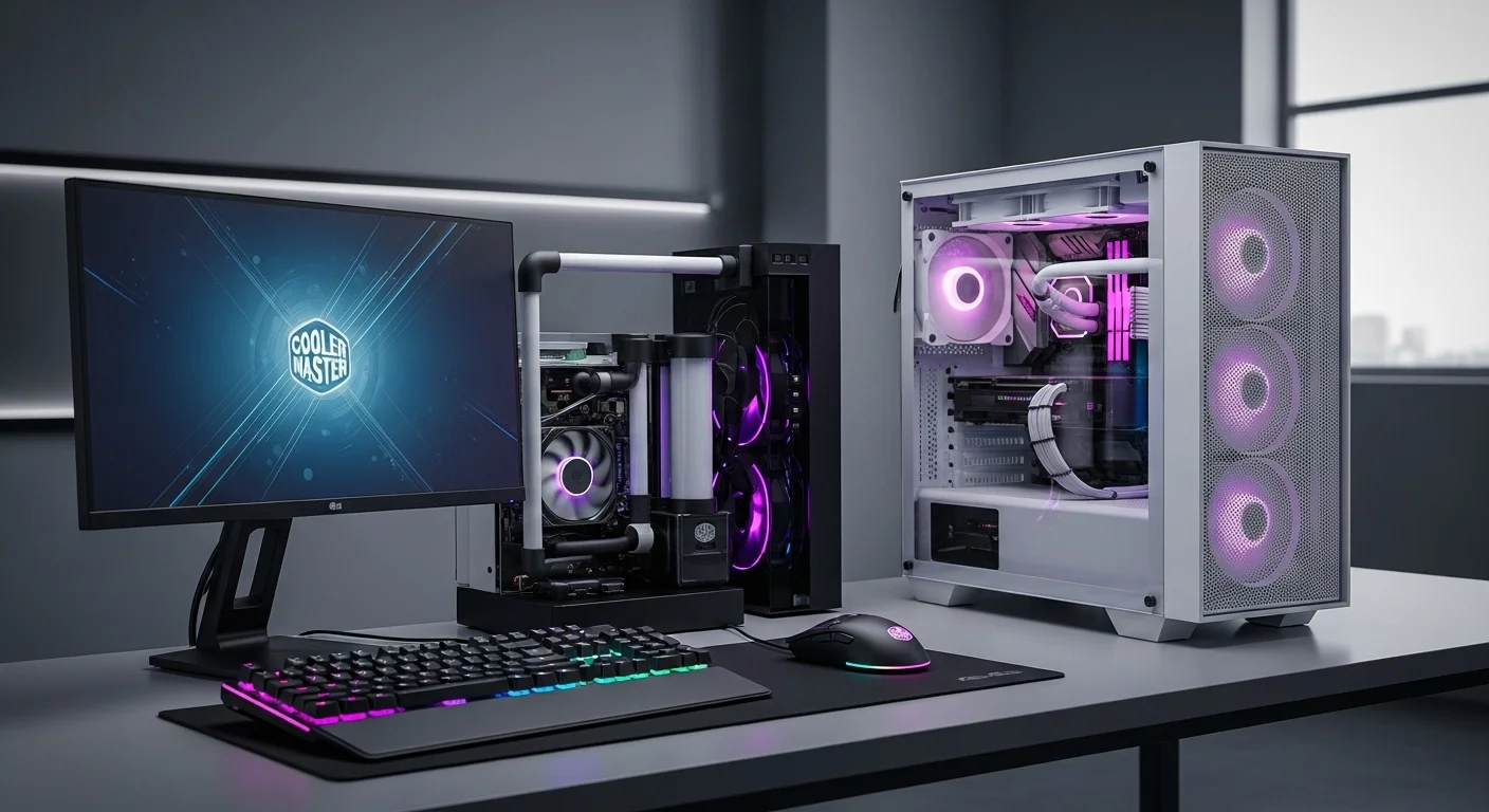 Un setup completo de computadora con componentes Cooler Master visibles, como gabinete, refrigeración líquida y periféricos, mostrando la integración del ecosistema.