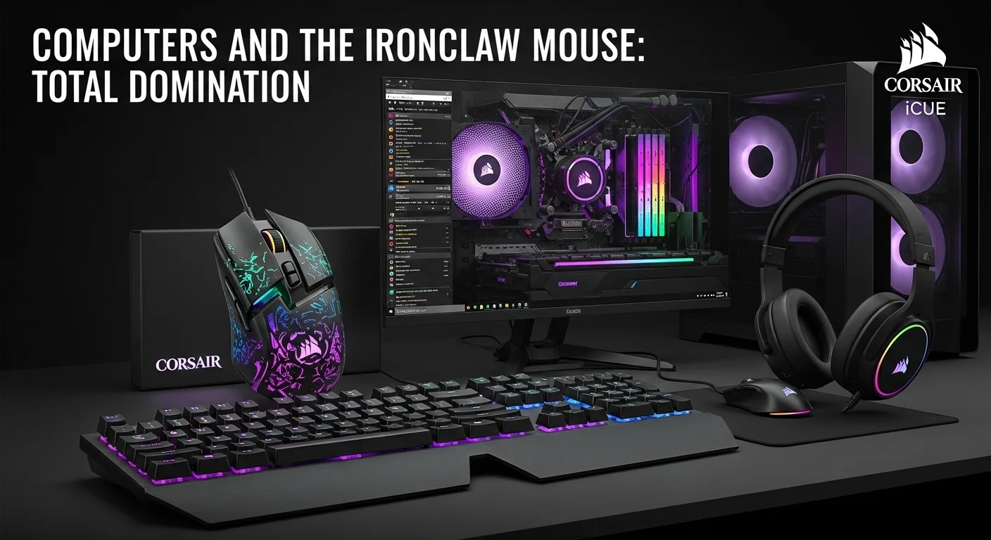 Setup completo de computadora con teclado, audífonos y ratón Corsair Ironclaw, todos sincronizados con iluminación RGB a través del software iCUE