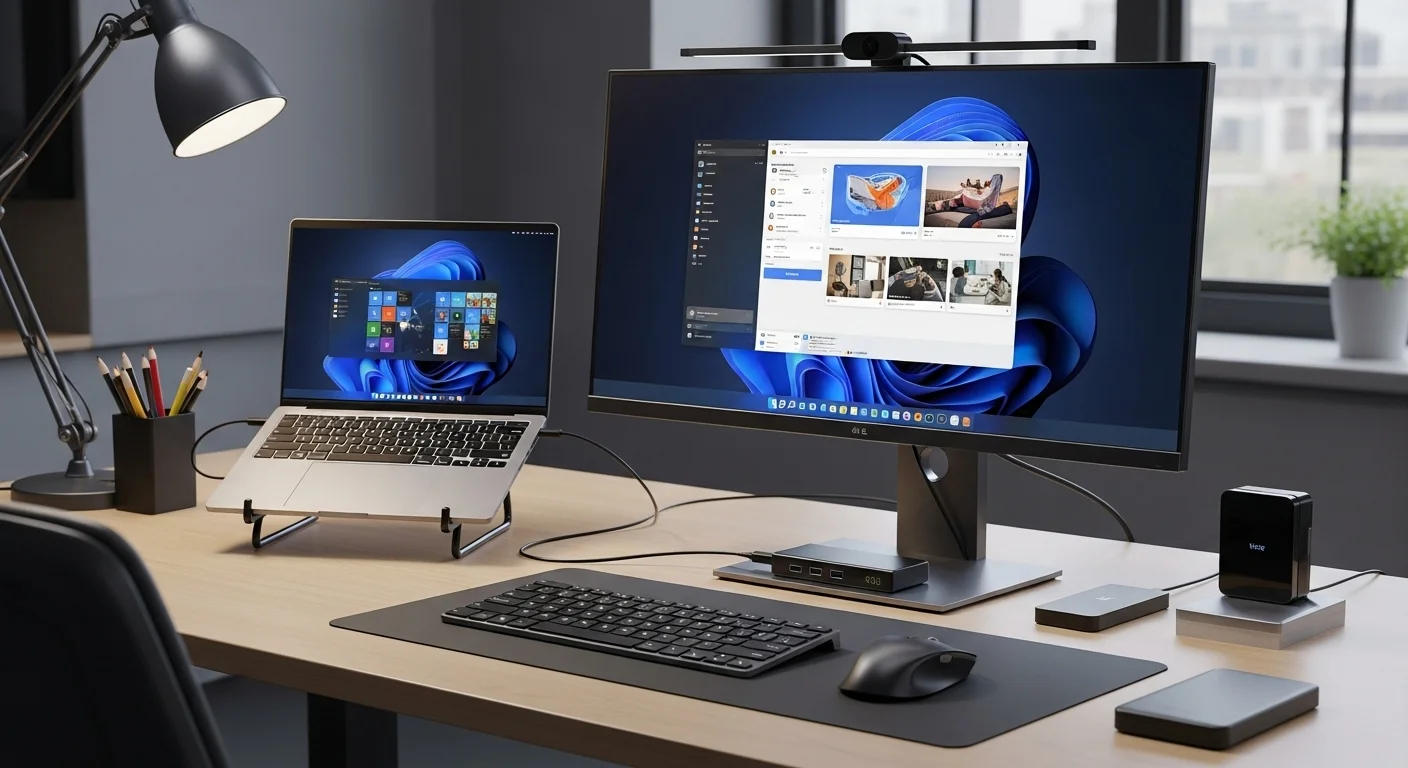 Un escritorio de oficina con una laptop conectada a un monitor externo, teclado, ratón y otros accesorios de tecnología que mejoran la productividad.