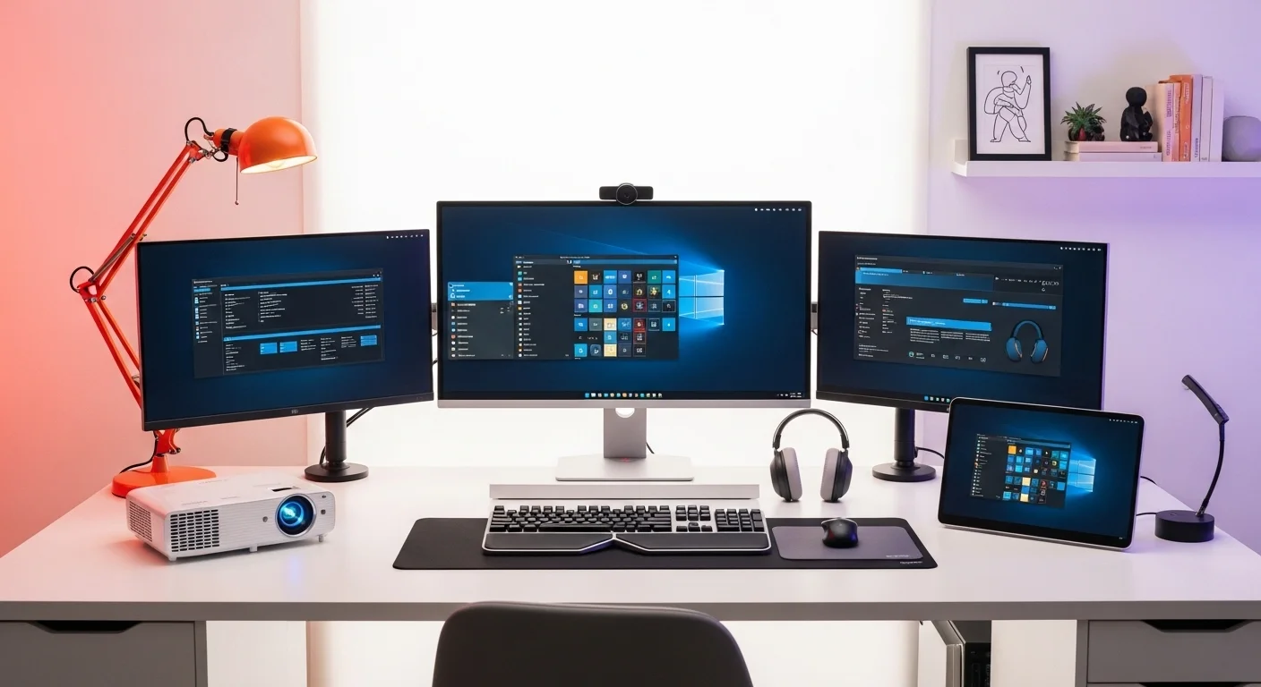 Un escritorio de trabajo con una computadora, múltiples monitores, un teclado ergonómico y un proyector, demostrando el ecosistema ideal para Microsoft Office 2025.