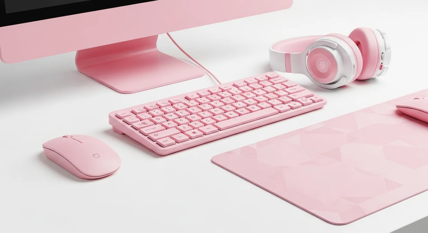 Vista completa de un escritorio con accesorios para computadoras en tonos rosados, incluyendo un mouse inalámbrico, teclado, auriculares y un mouse pad.