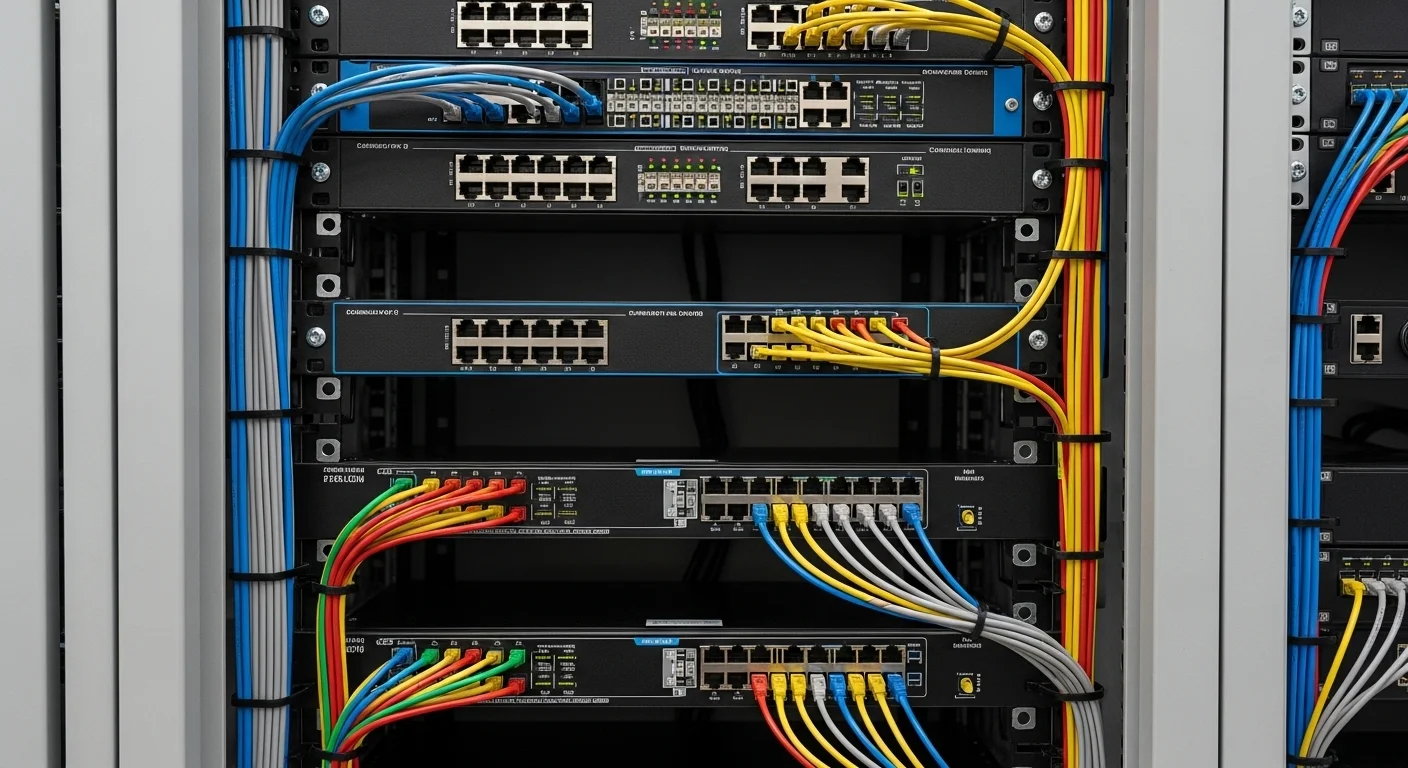 Un rack de servidores de oficina perfectamente organizado con switches de red, paneles de parcheo y una gestión de cables impecable utilizando cables Cat 6 de varios colores.