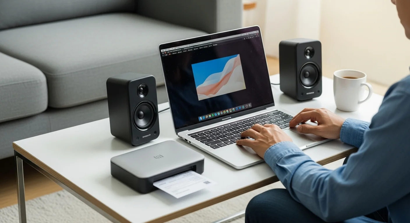 Persona trabajando de forma remota con una laptop, altavoces bluetooth y una mini impresora portátil en una mesa de café.