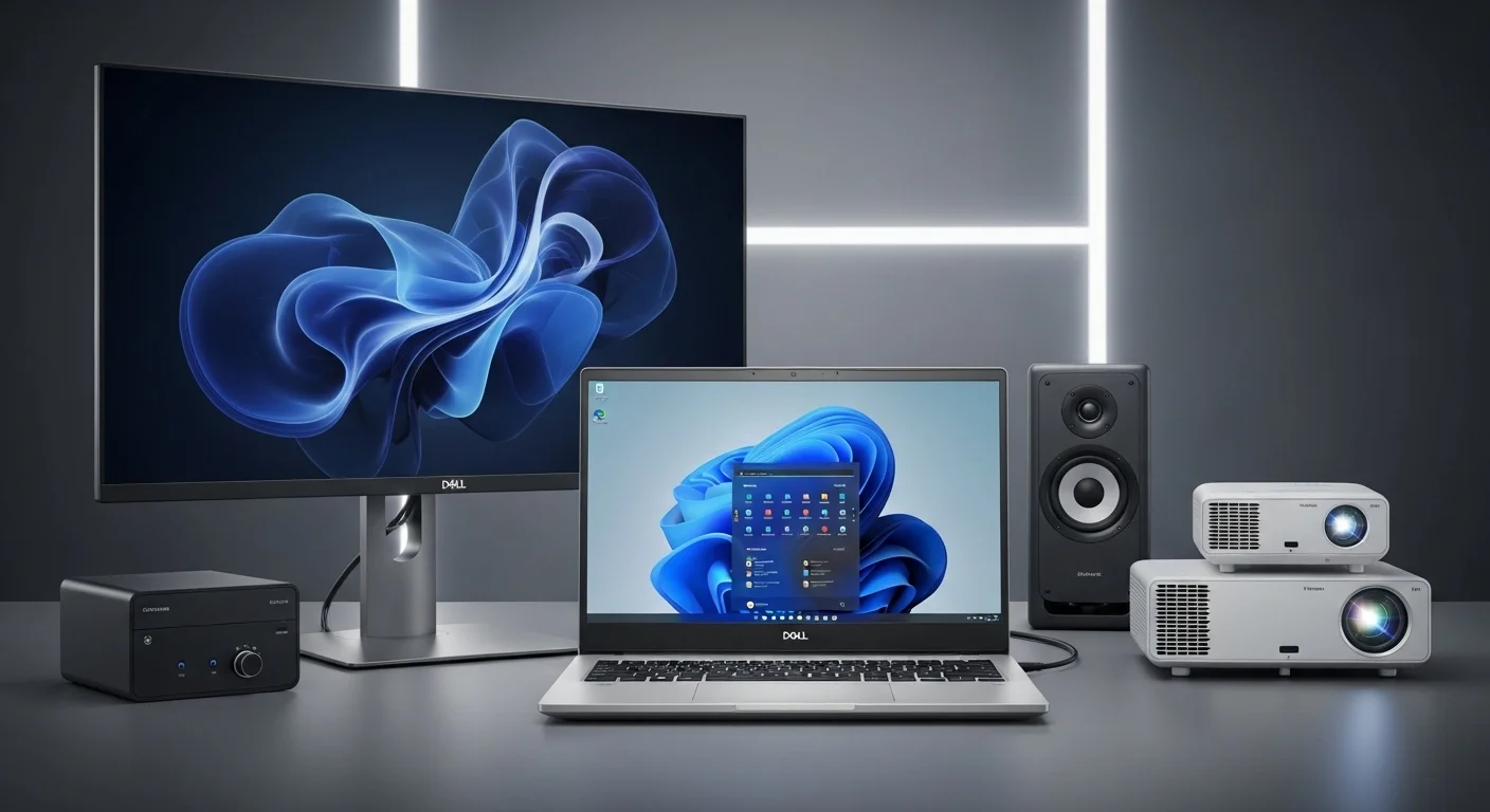 Un ecosistema de trabajo con una computadora Dell 15 conectada a un monitor externo, proyector y bocinas, demostrando su versatilidad.