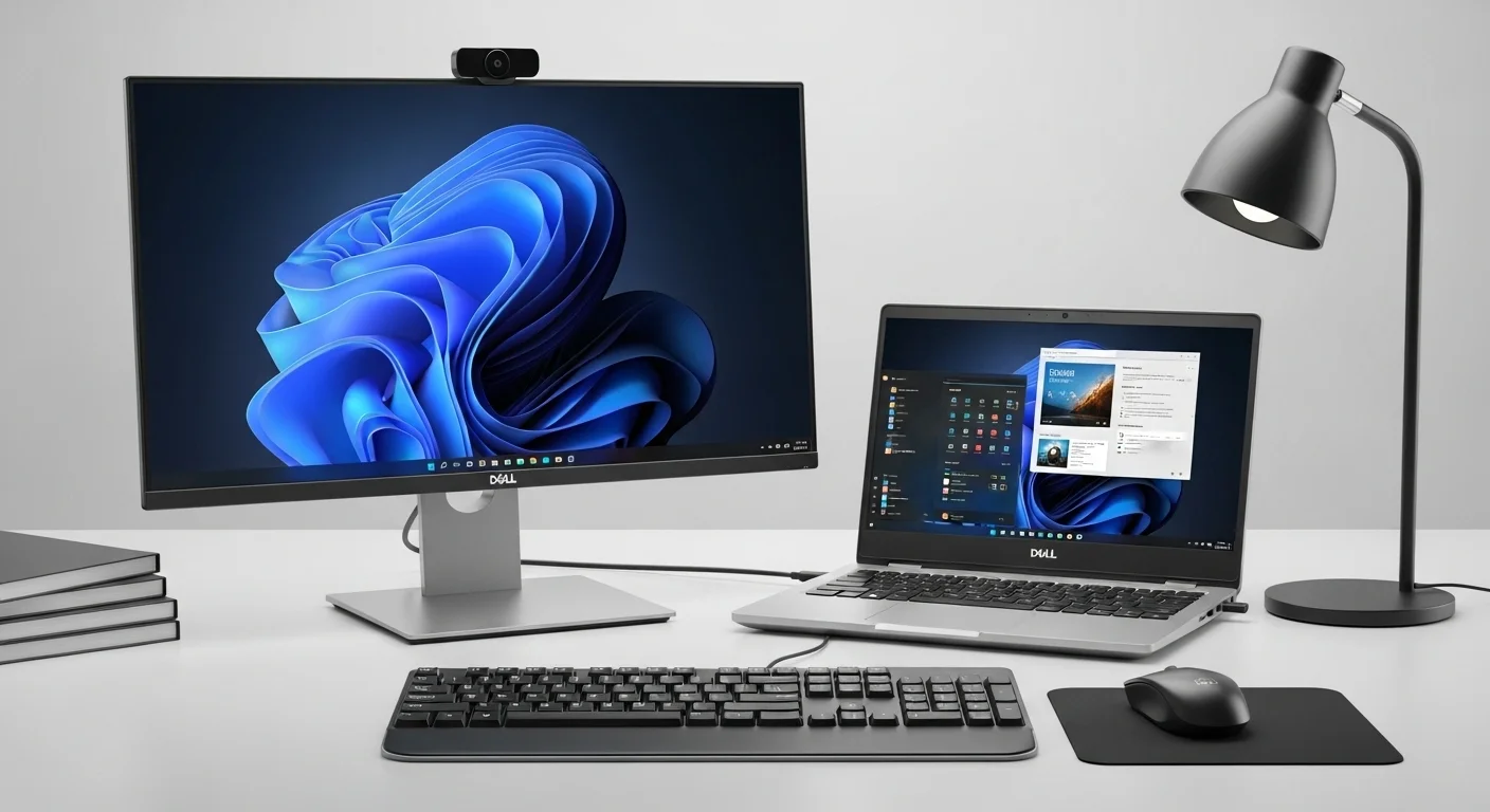 Un escritorio de trabajo con una laptop Dell Latitude conectada a un monitor, teclado y mouse Dell, mostrando un ecosistema completo.