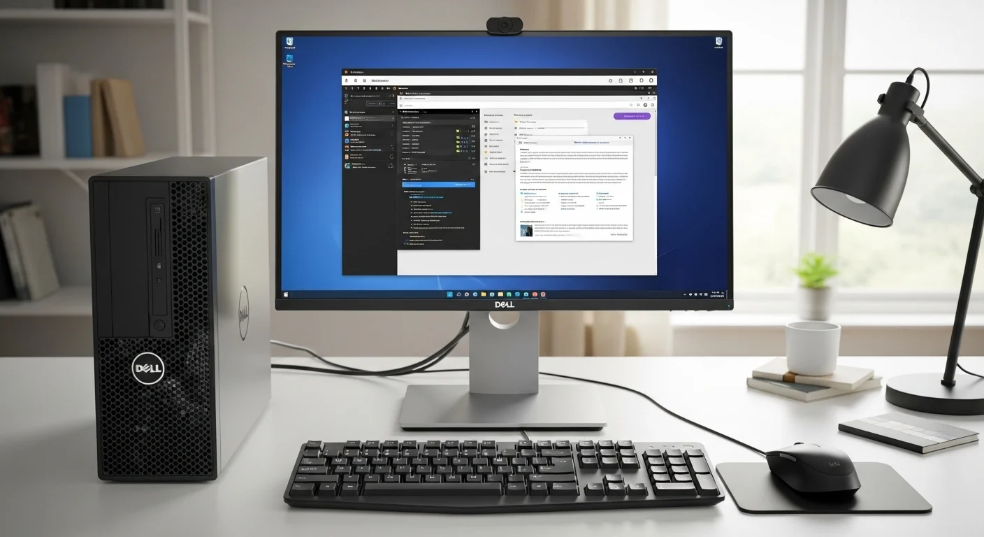 Un escritorio de trabajo con una computadora Dell Optiplex conectada a un monitor Dell UltraSharp, teclado y ratón, mostrando un ecosistema de productividad completo y bien integrado.