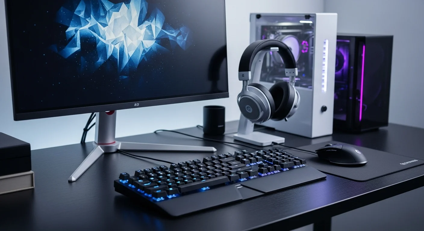 Un escritorio organizado con accesorios de computadora incluyendo un teclado mecánico, un ratón ergonómico, auriculares y un monitor de alta resolución.