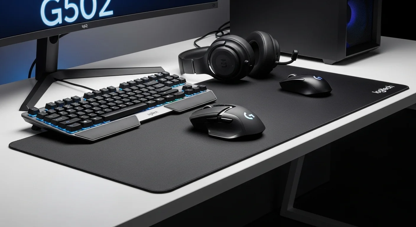 Setup completo con un G502 inalámbrico, teclado y auriculares Logitech, mostrando un ecosistema perfecto para computadoras.