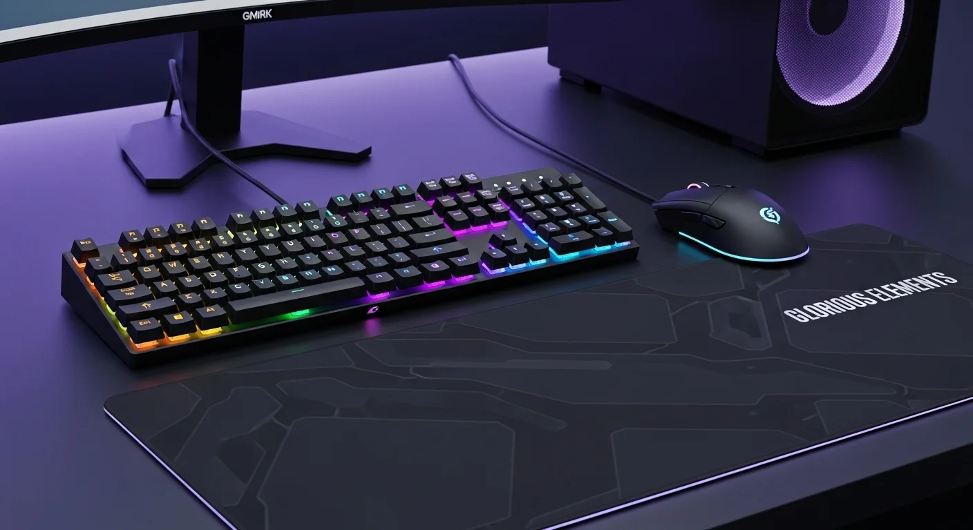 Un setup completo de computadora con teclado modular GMMK Pro, ratón Glorious Model D Wireless y alfombrilla Glorious Elements, mostrando un ecosistema cohesionado.