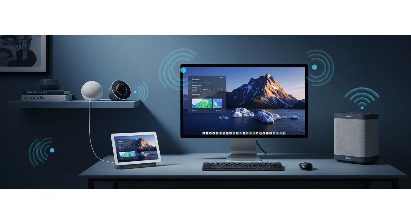 Varios dispositivos Google Nest, incluyendo un Nest Mini, Nest Hub y Nest Audio, mostrando el ecosistema tecnológico conectado con computadoras.