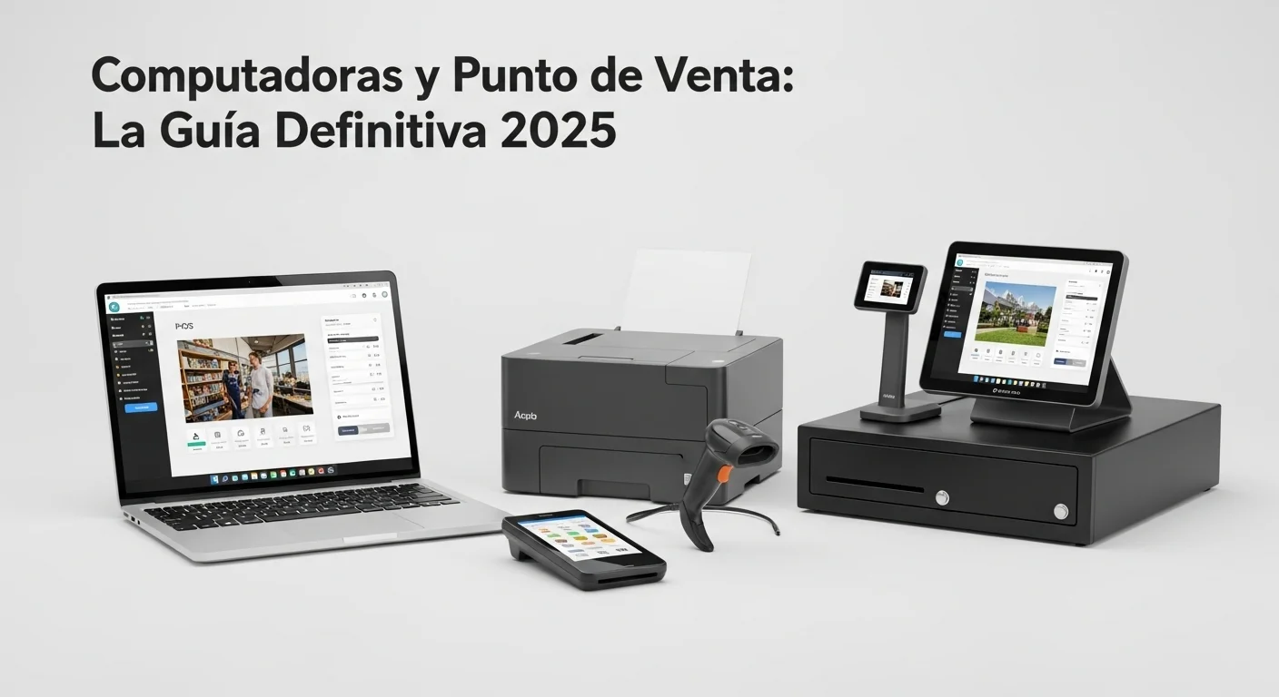 Un ecosistema completo de hardware para punto de venta, incluyendo una impresora de tickets, un escáner de código de barras y un cajón de dinero, junto a una laptop.