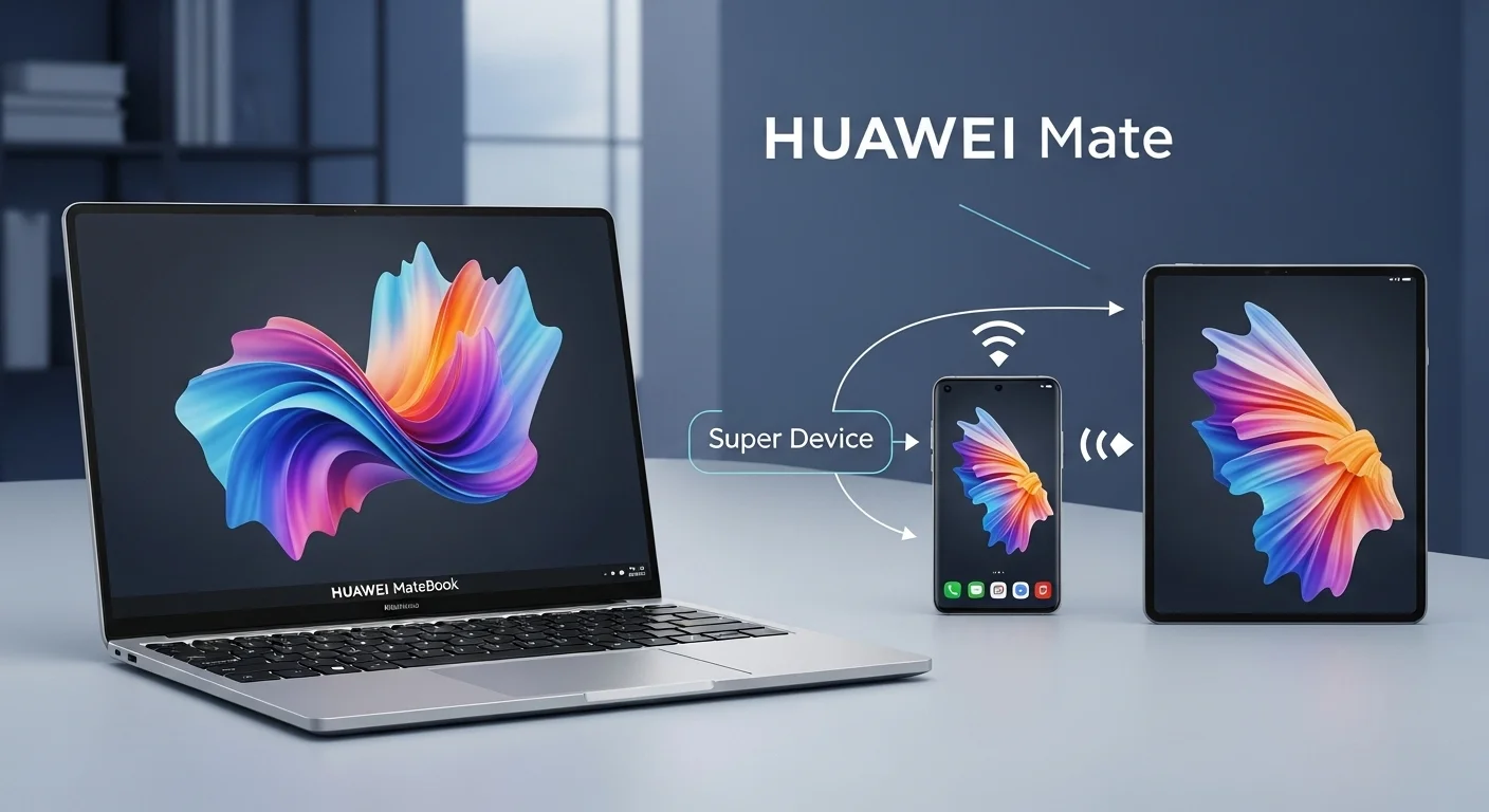 Visualización del ecosistema Huawei Mate en acción, con una laptop Huawei MateBook, un smartphone y una tablet conectados mediante la función Súper Dispositivo.