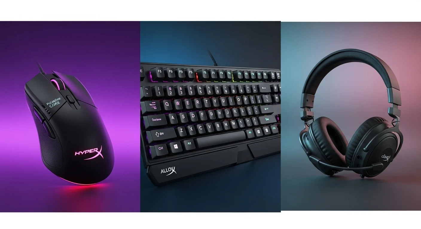 Collage de productos tecnológicos Hyper incluyendo un mouse HyperX Pulsefire Core, un teclado Alloy y unos auriculares Cloud sobre un fondo digital.