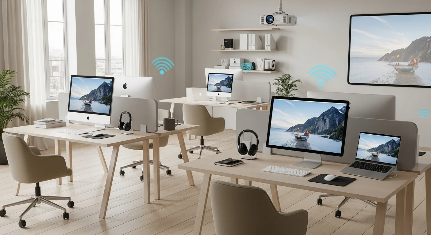 Un entorno de oficina moderno y minimalista con computadoras, proyectores y accesorios, todos funcionando de forma inalámbrica.