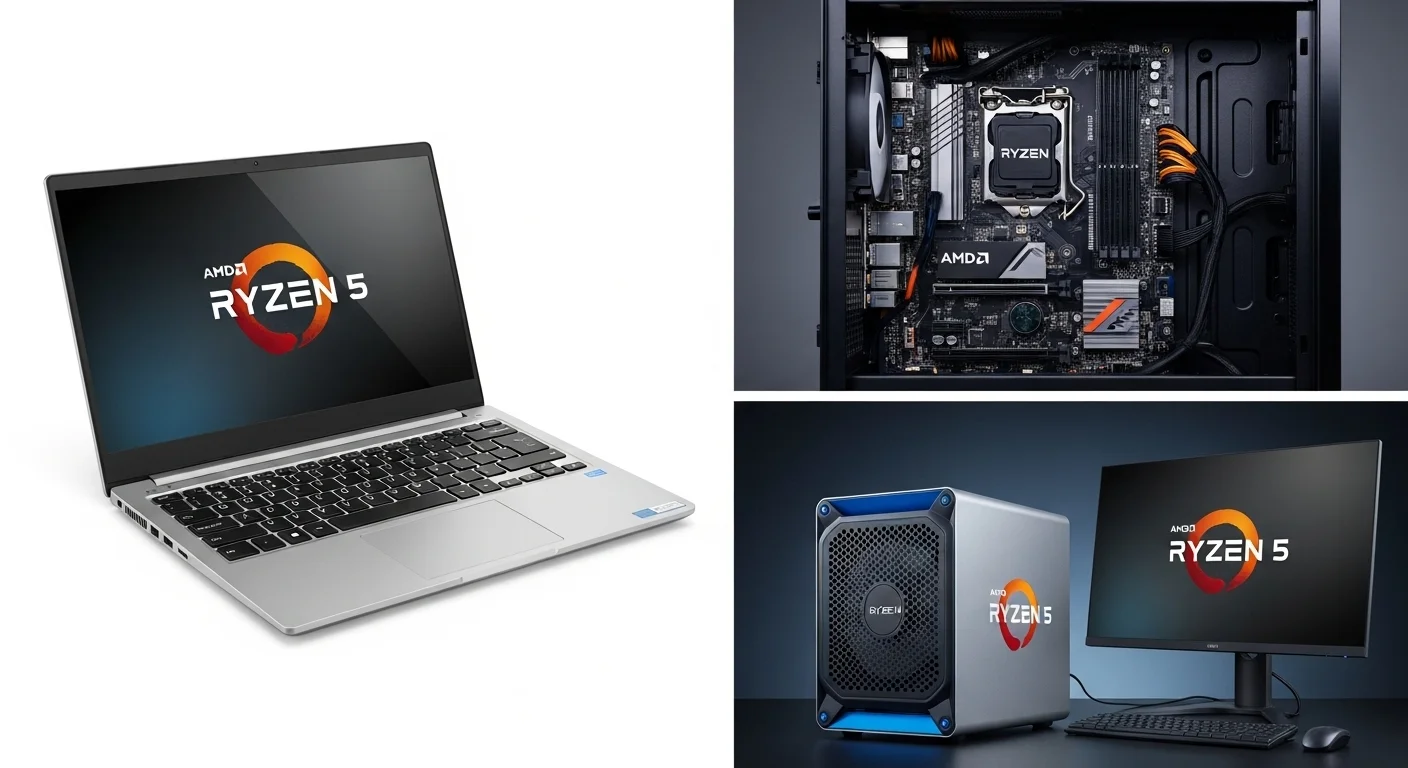 Un collage de dispositivos tecnológicos que incluyen una laptop amd ryzen 5, la parte interior de un pc amd ryzen 5 mostrando la tarjeta madre y la memoria, y un mini pc amd ryzen 5 junto a un monitor.