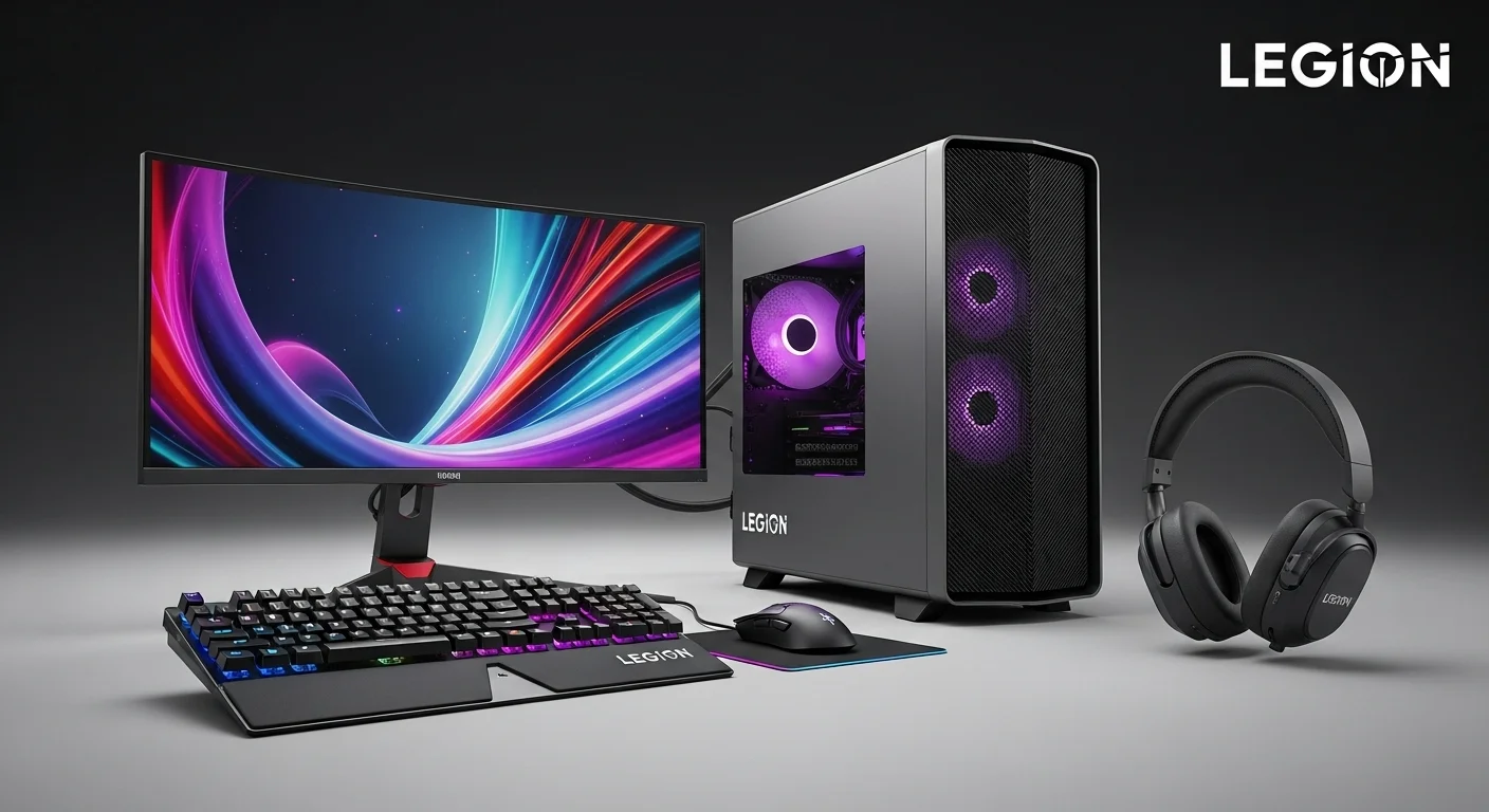 Un setup de gaming completo con una computadora de escritorio Legion, monitor curvo, teclado mecánico, ratón y auriculares, todos de la marca Legion.