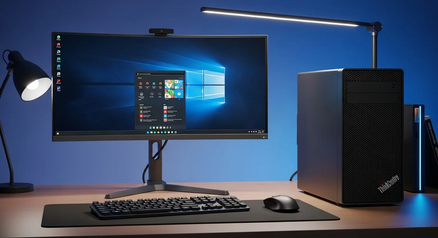 Un moderno puesto de trabajo con una computadora de escritorio Lenovo ThinkCentre, un monitor curvo Lenovo, teclado y ratón, demostrando el ecosistema completo de la marca.