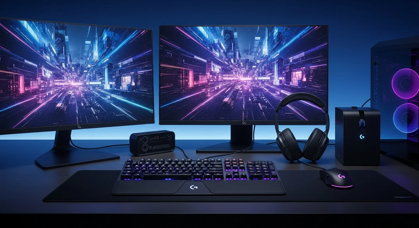 Setup completo de computadoras con teclado, auriculares y mouse Logitech G, mostrando la sincronización de la iluminación RGB