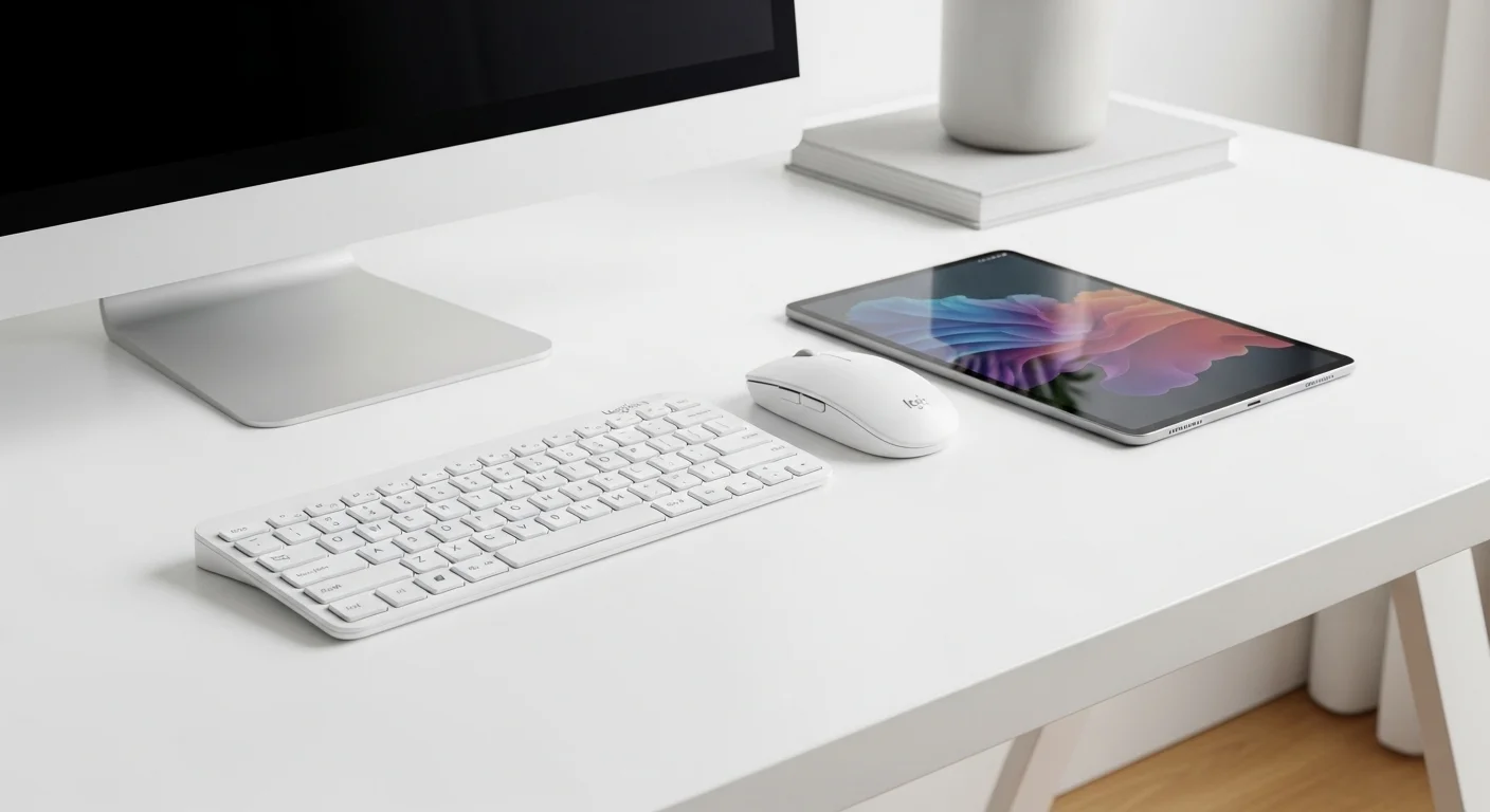 Un escritorio moderno que muestra el combo del mouse Logitech M350 y el teclado K380, ambos en color blanco, junto a una tablet.