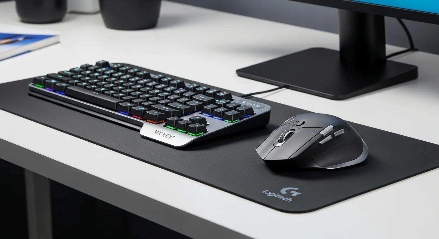 El ecosistema completo de Logitech Master, mostrando el ratón MX Master 3S junto al teclado MX Keys sobre una alfombrilla de escritorio, representando la sinergia de los accesorios para computadora.