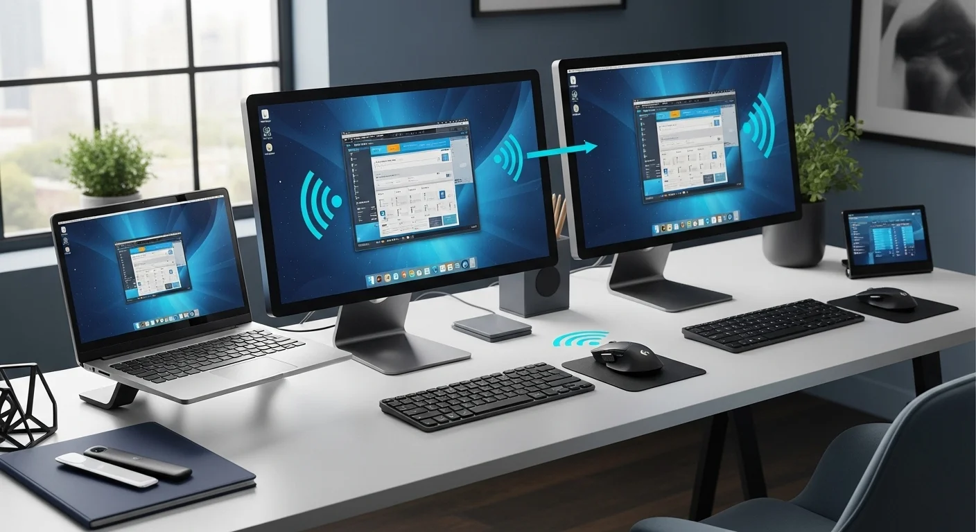 Un ambiente de trabajo con varios dispositivos, teclado y ratón Logitech MX, demostrando la tecnología Flow en diferentes computadoras.