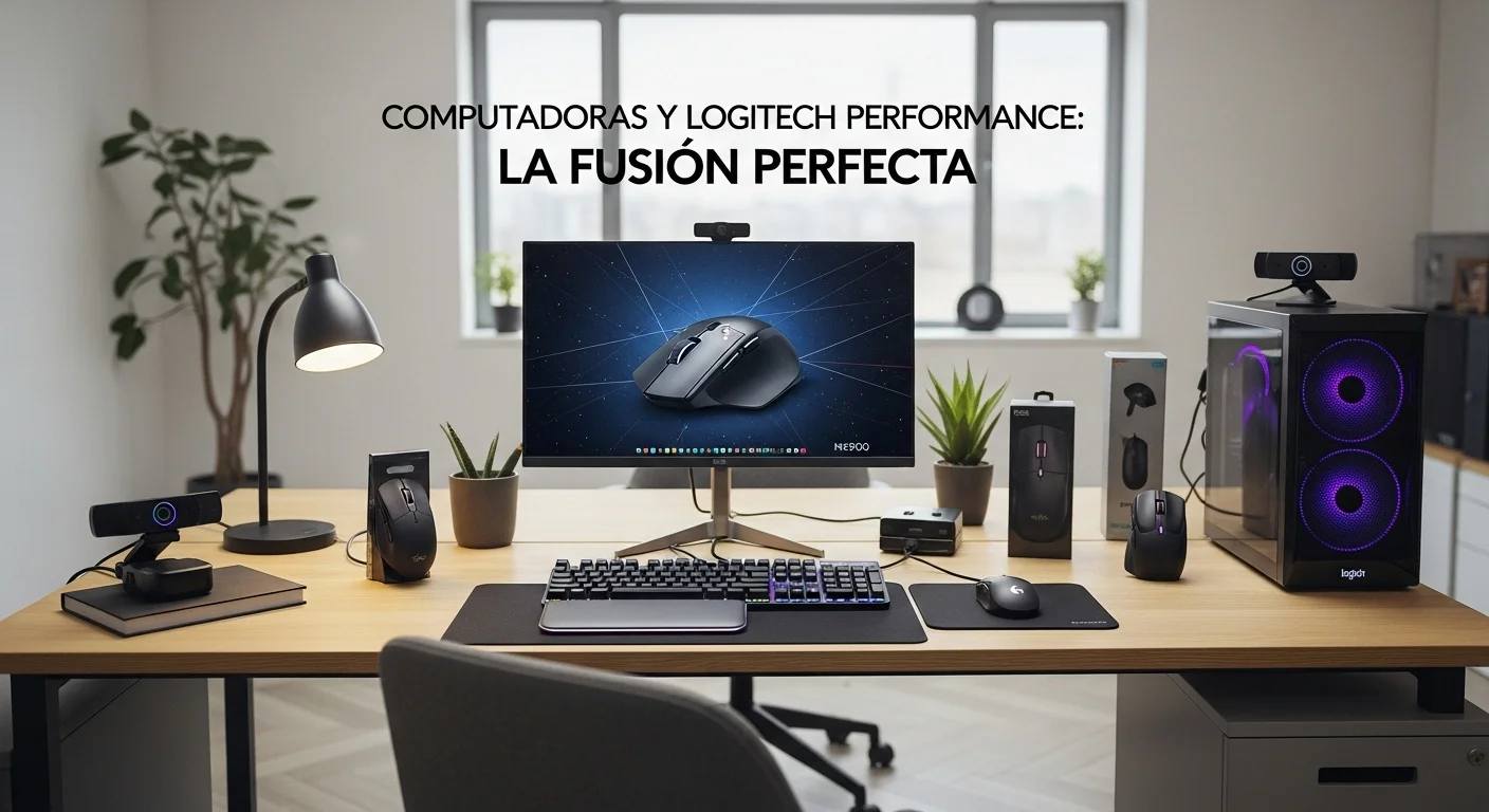 Un entorno de oficina moderno que muestra el ecosistema Logitech Performance, incluyendo el combo MX900, webcams y otros accesorios tecnológicos.