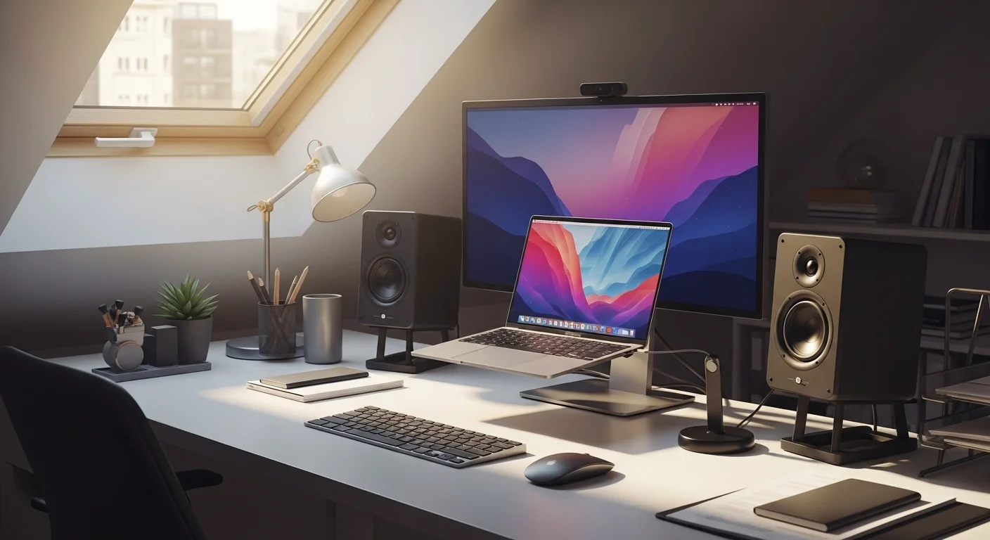 Un MacBook Air de 16GB conectado a un monitor externo, con un teclado, ratón y bocinas, demostrando un entorno de trabajo de oficina completo y productivo.