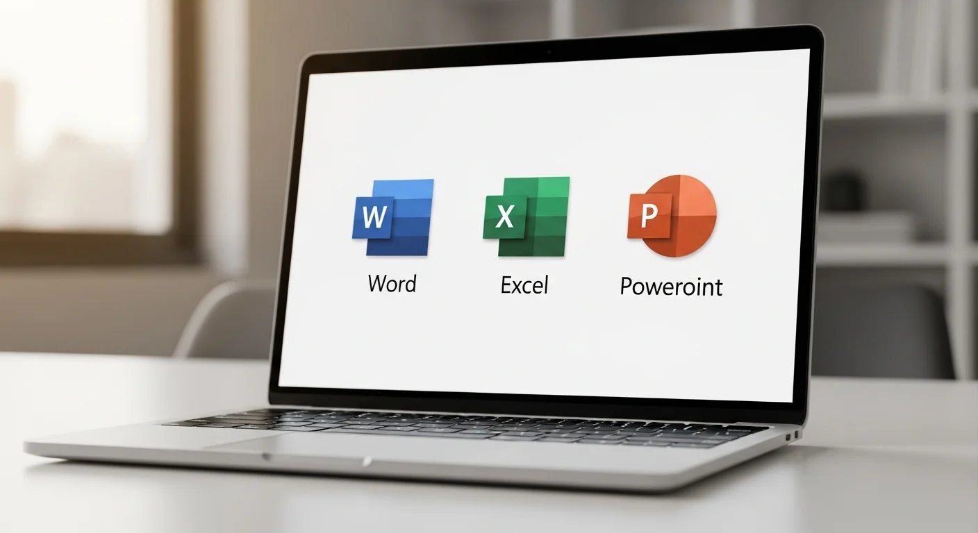 Iconos de Word, Excel y PowerPoint en la pantalla de una laptop, simbolizando la suite de productividad en computadoras y tecnología.