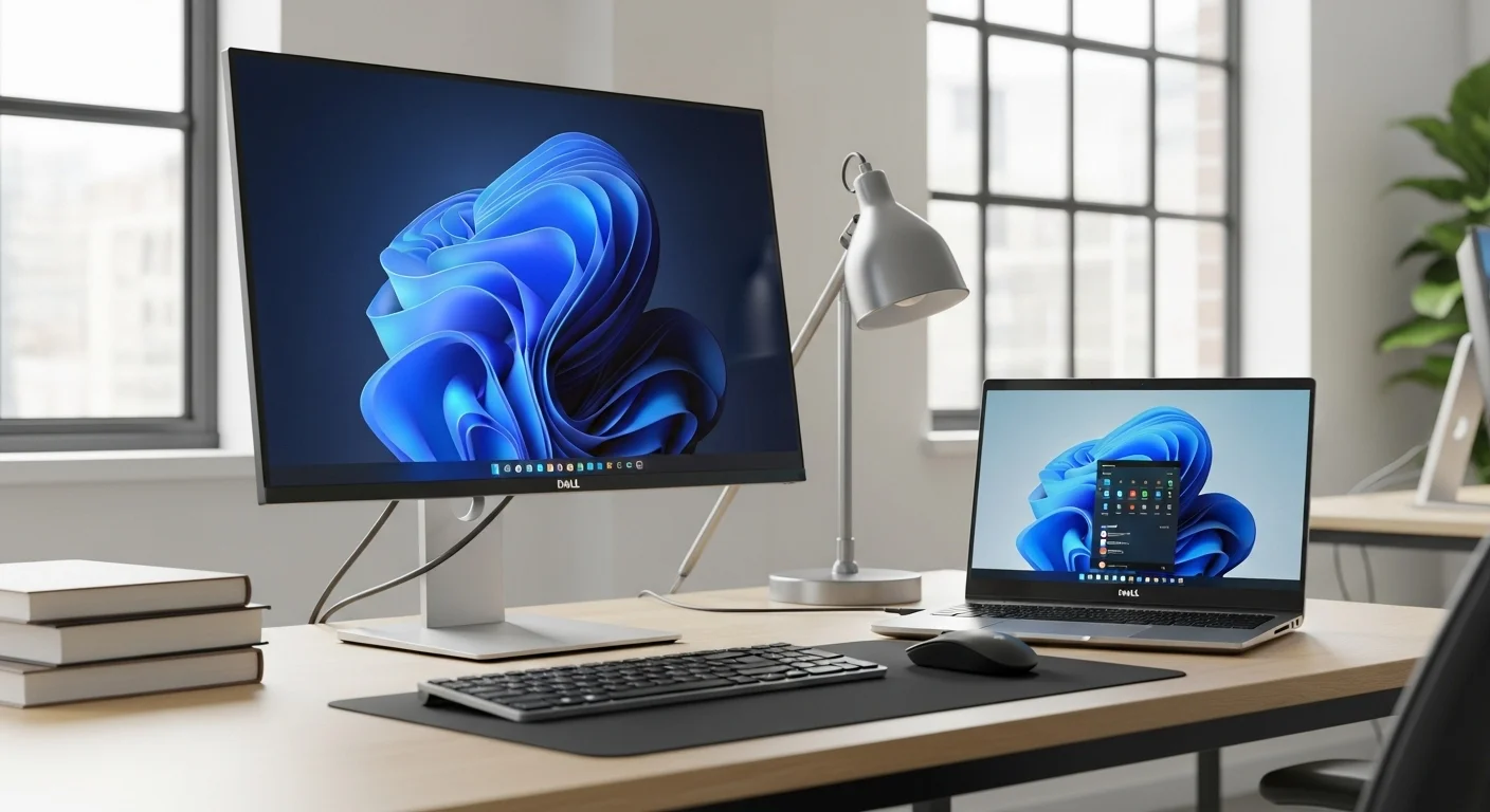 Un entorno de oficina con una computadora Dell XPS 15 conectada a un monitor externo, teclado y otros accesorios tecnológicos, demostrando un ecosistema de trabajo eficiente.
