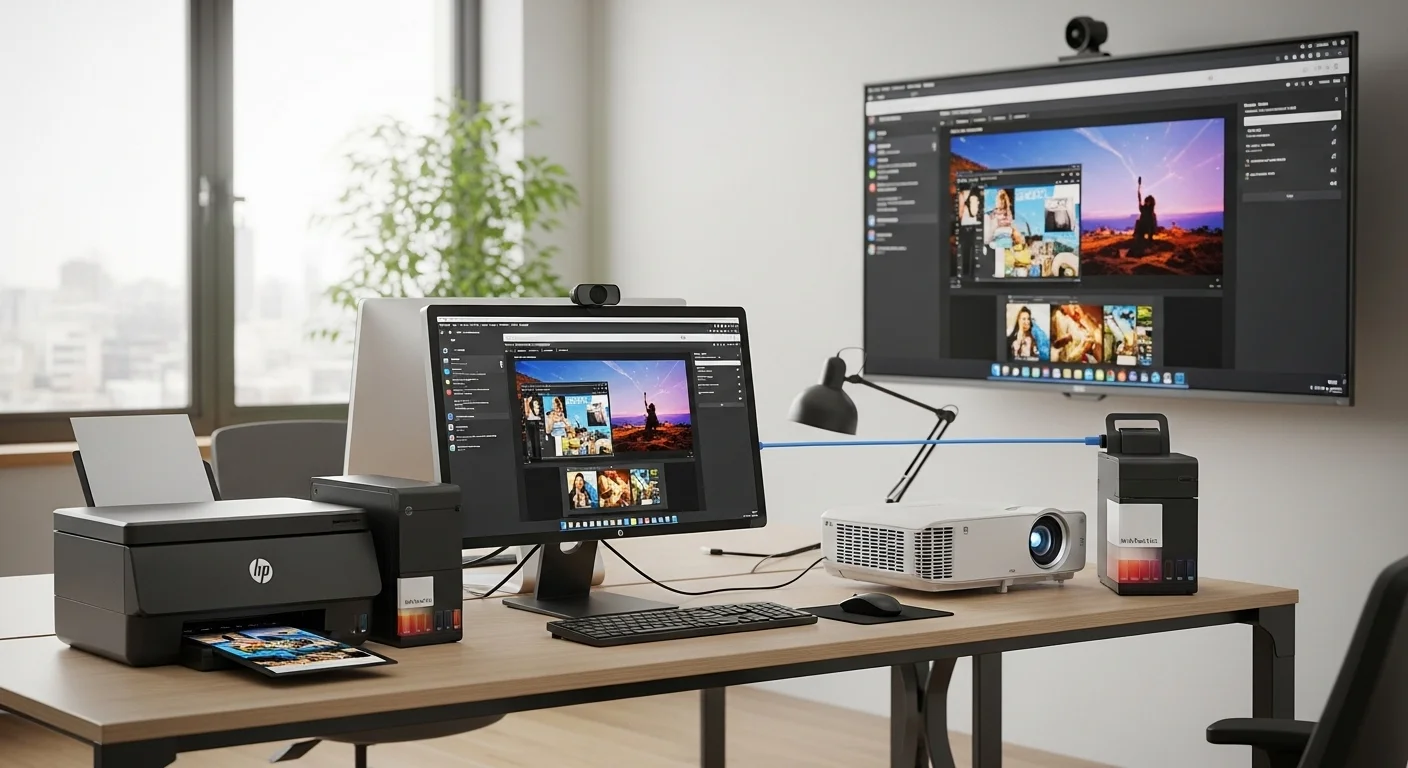 Un entorno de oficina con la multifuncional HP Ink Tank 415, una computadora de escritorio, un proyector y una pantalla, mostrando un flujo de trabajo integrado.