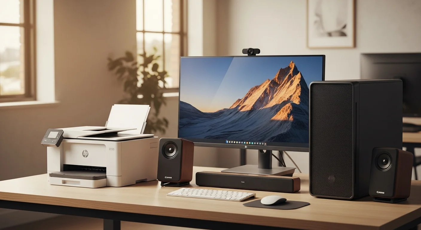Escritorio de oficina moderno con computadora, impresora HP 2135, y otros accesorios tecnológicos como una pantalla y bocinas.