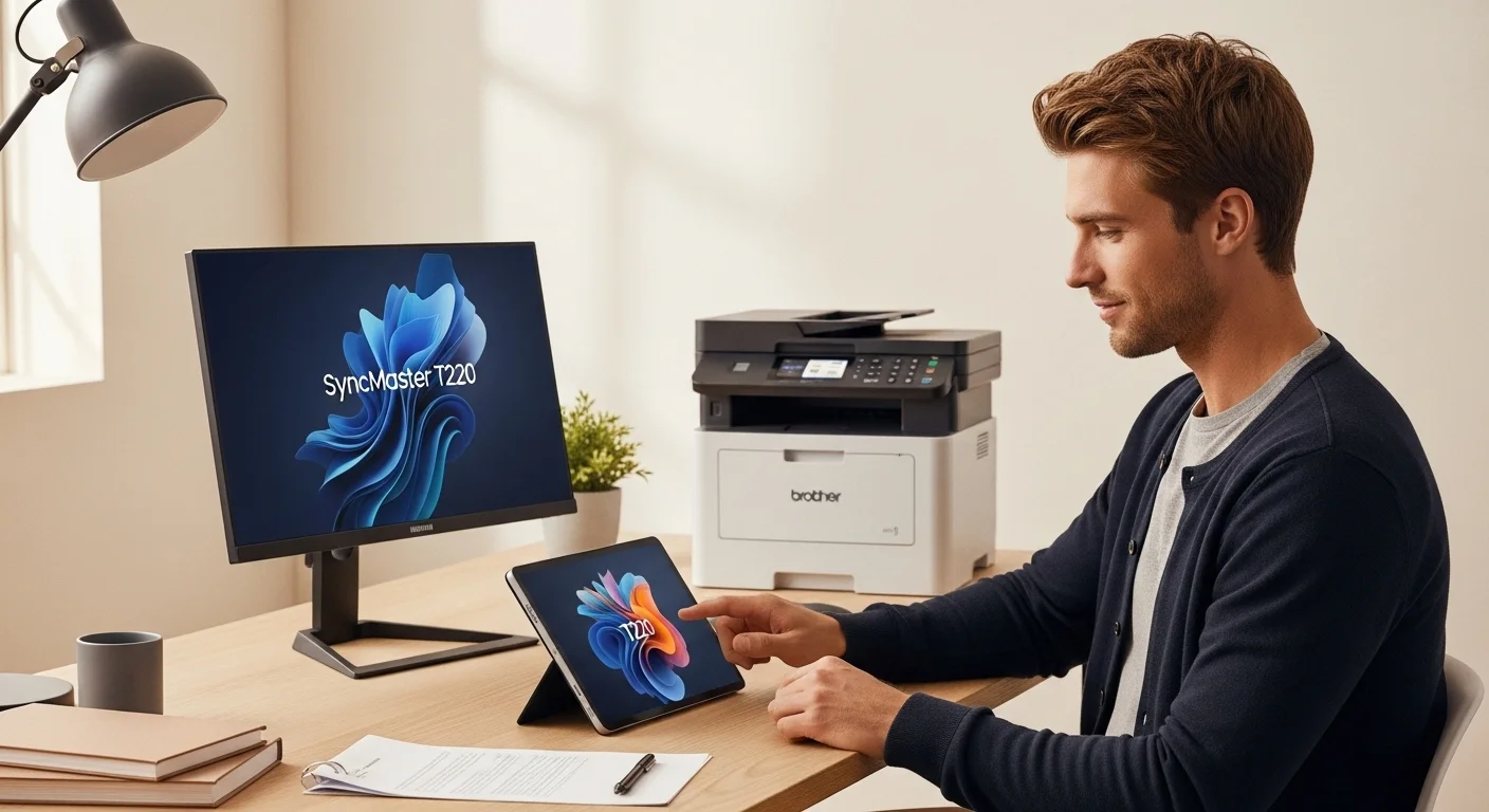Una persona utilizando una tablet Samsung T220 para gestionar documentos, con una impresora Brother DCP-T220 y un monitor SyncMaster T220 en el fondo creando un ecosistema de trabajo.