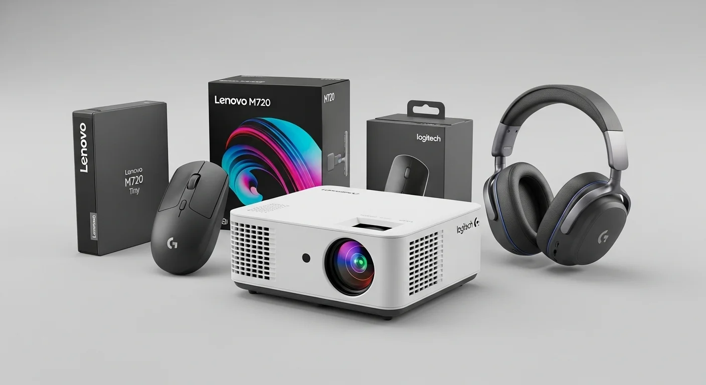 Collage de productos tecnológicos incluyendo el Lenovo M720 Tiny, el mouse Logitech M720, un proyector y unos auriculares, representando un ecosistema tecnológico.