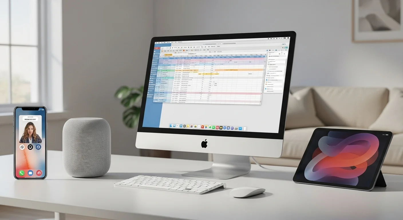 Colección de productos del ecosistema de Apple, mostrando la interconectividad entre iPhone, iMac, HomePod y iPad.
