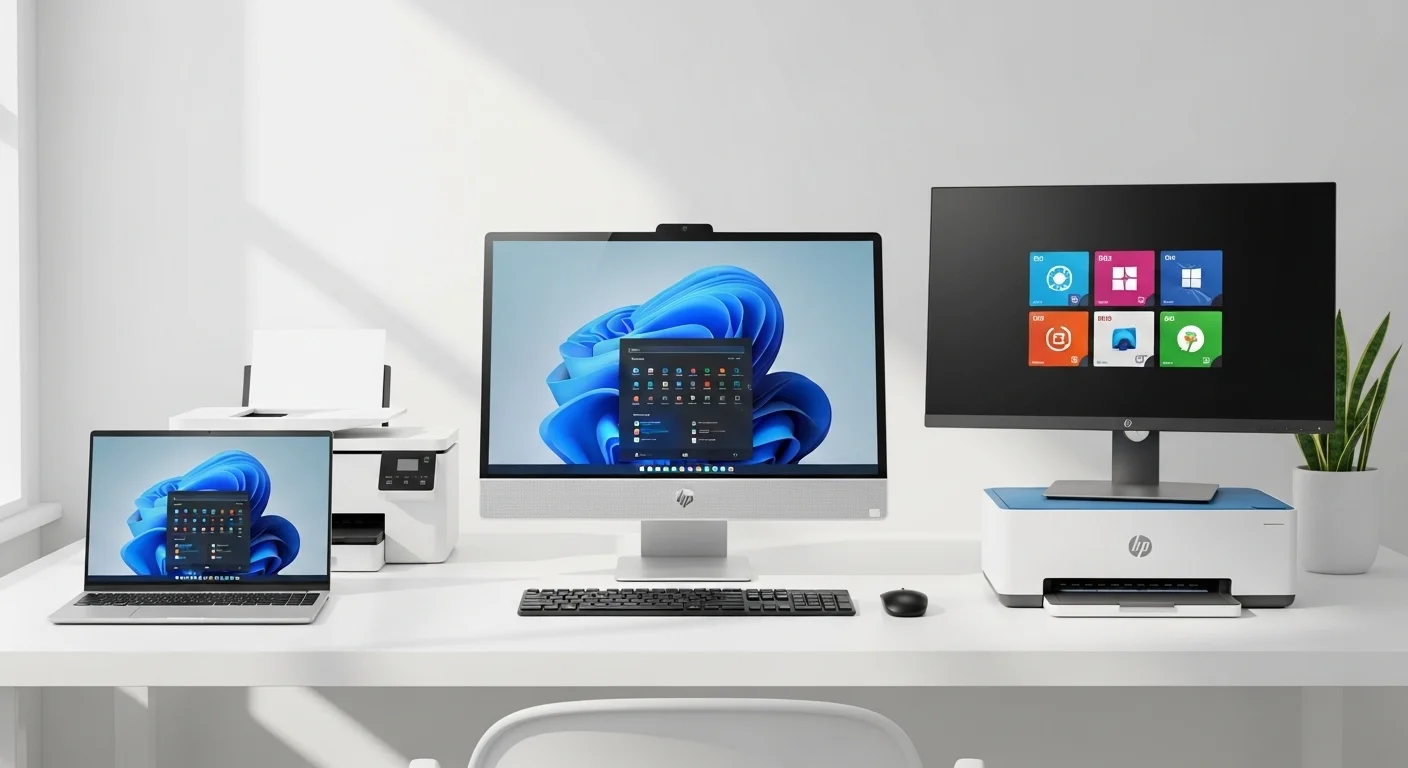 Un ecosistema de productos HP que incluye una computadora all-in-one, una laptop, una impresora y un monitor, mostrando la conectividad entre dispositivos.