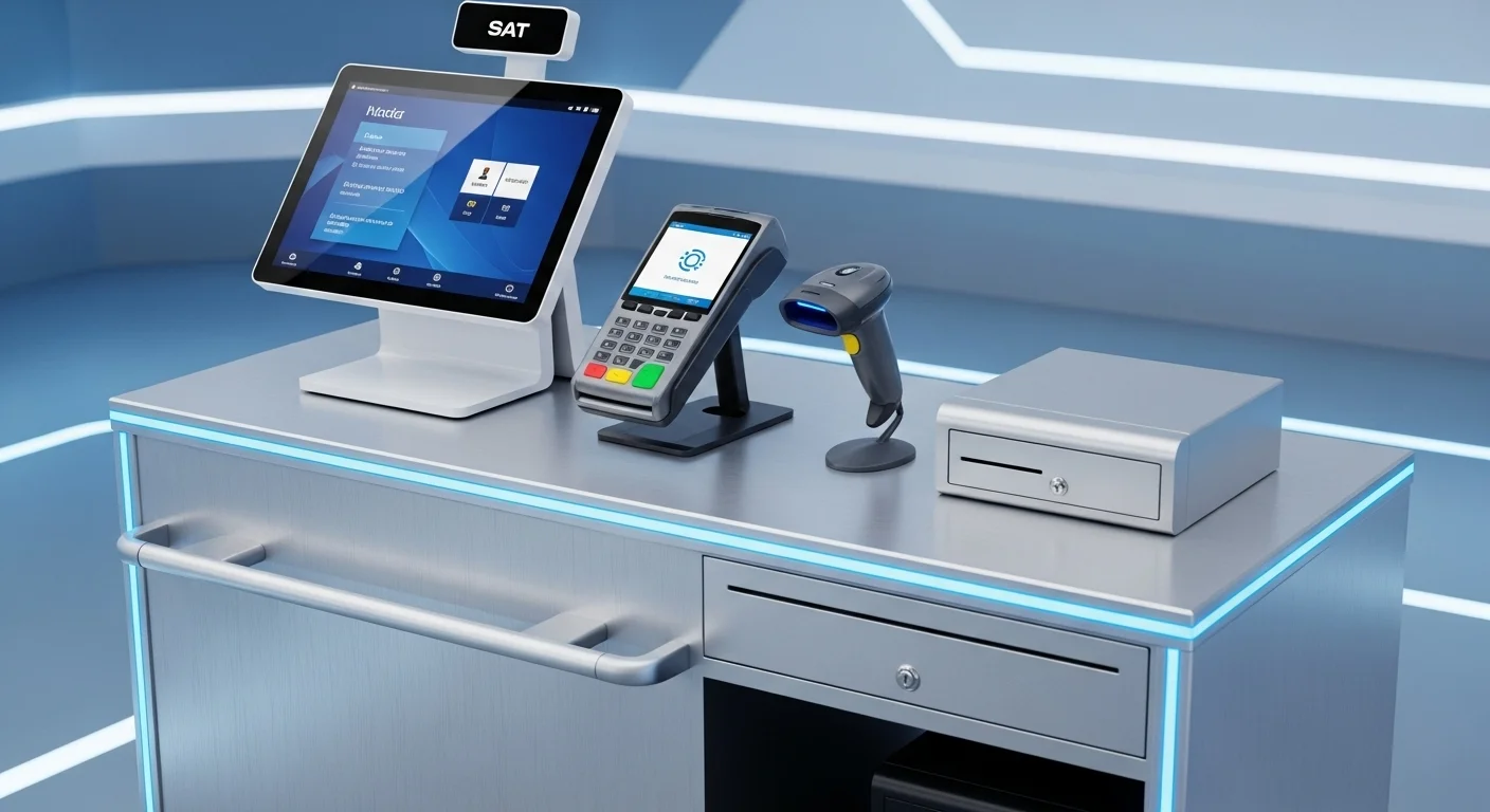 Un mostrador de punto de venta con un ecosistema completo de productos SAT, incluyendo un terminal con pantalla táctil, un lector de código de barras y un cajón monedero.