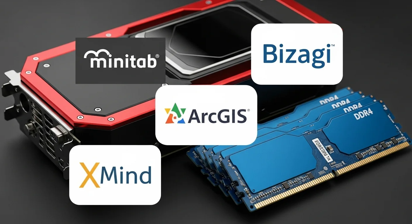 Un collage de logos de software (Minitab, Bizagi, ArcGIS, XMind) sobre un fondo de hardware de computadora de alto rendimiento, como una GPU y memoria RAM.