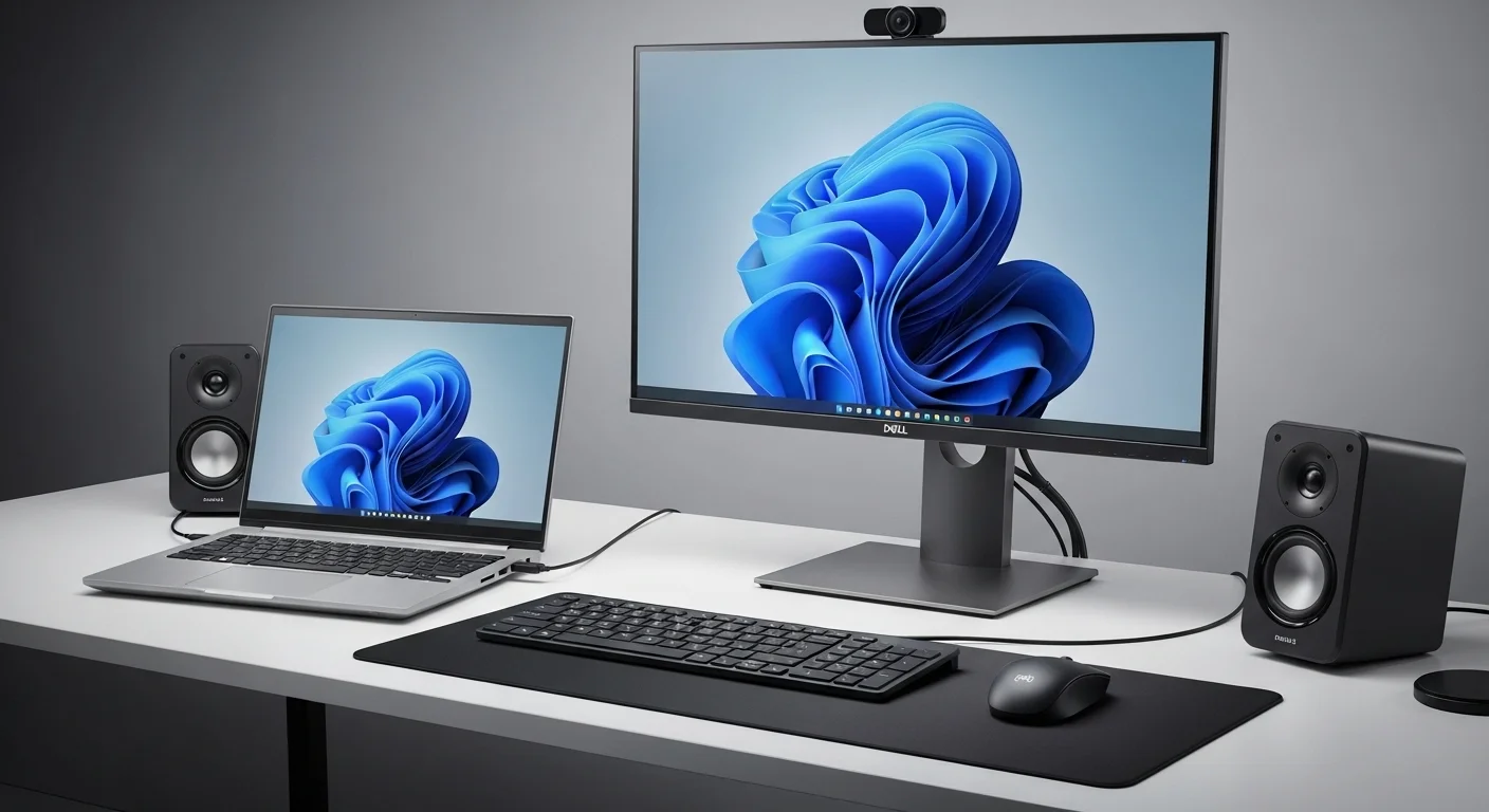 Una computadora Dell 17 en un escritorio conectado a un monitor externo, con un teclado, ratón y bocinas, mostrando un ecosistema tecnológico completo