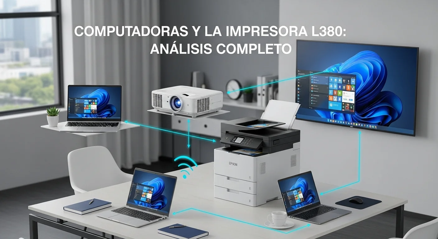 Un ecosistema de tecnología de oficina con laptops, una impresora L380, un proyector y una pantalla, demostrando la interconectividad de los dispositivos.