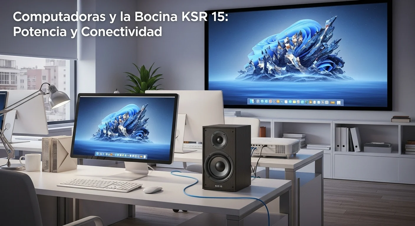 Un entorno de oficina con una bocina KSR 15, un proyector y una pantalla, demostrando su uso profesional con computadoras para presentaciones.