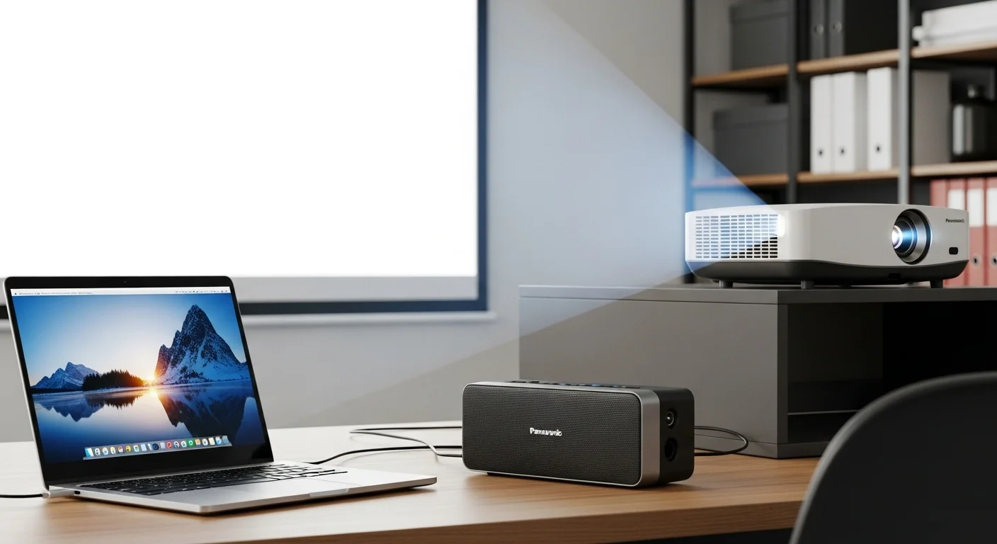 Un entorno de oficina con una bocina bluetooth Panasonic conectada a una laptop y un proyector, demostrando su versatilidad en entornos profesionales.